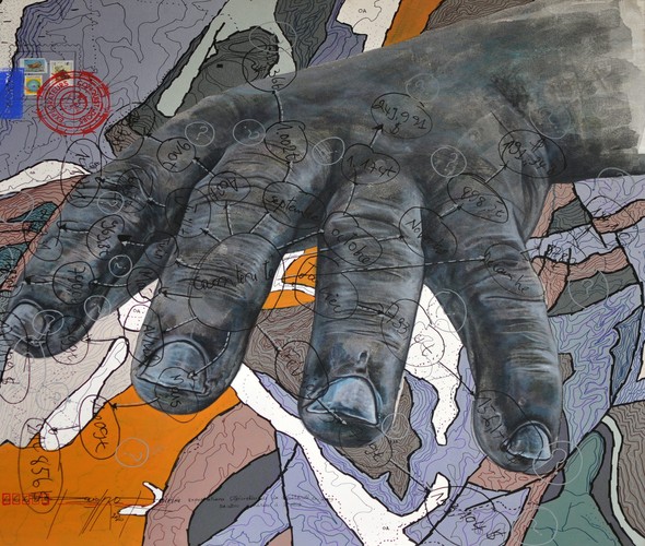 Jean David Nkot - #Statistique, exportation# cassitérité.FR,Acrylique, posca et encre chine sur toile, 120 x 110 Cm, 2021