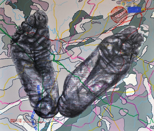Jean David Nkot - BP 4437, Story of my feet, Acrylique, posca et encre chine sur toile, 120 x 110 Cm, 2021