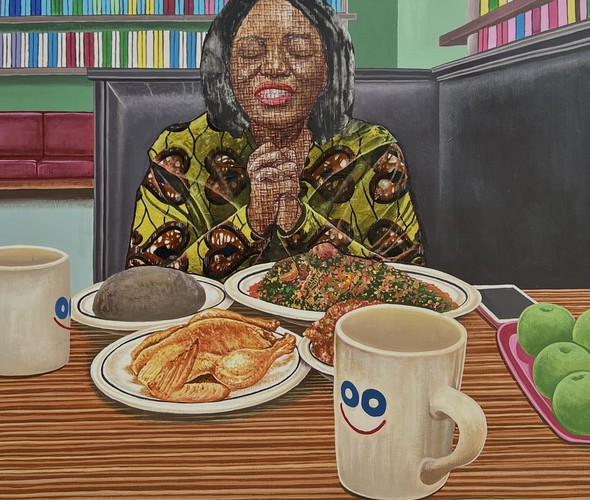 David Olatoye - Bless this food oh Lord, 2022 - Pen and acrylic on canvas - 61x61 cm
