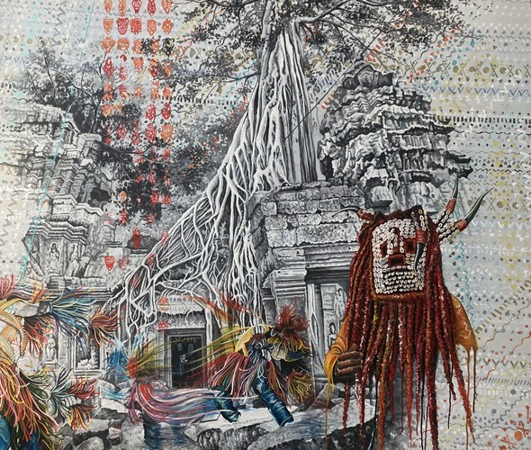 Franck Kemkeng Noah - Rituel d'Angkor Vat, 2022 - Acrylique sur toile - 160x200 cm