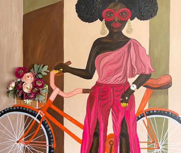 Sophia Oshodin - Good Times lll, 2022 - Acrylic, gouache and silk flowers on canvas - 91.4 x 91.4 cm
