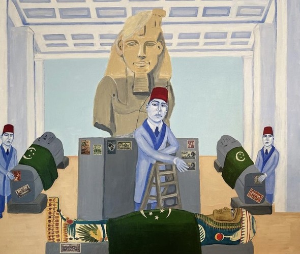 Massoud Hayoun - My grandfather visits the Egyptian Room at the British Museum, 2023 - Acrylic on canvas - 91x101 cm