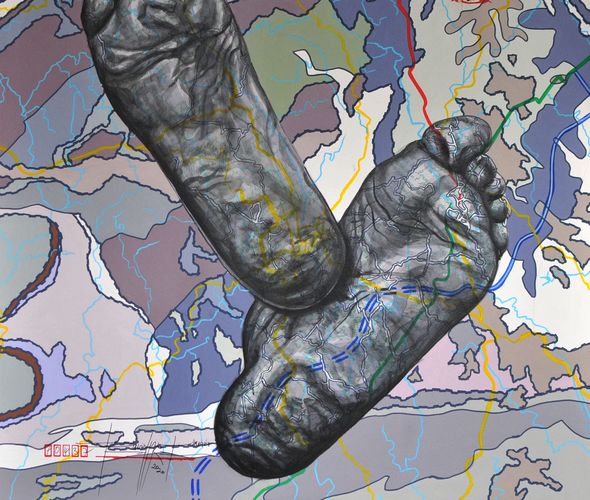 Jean David Nkot - Po Box, Story of my feet, Acrylique, posca et encre chine sur toile, 120 x 110 Cm, 2021