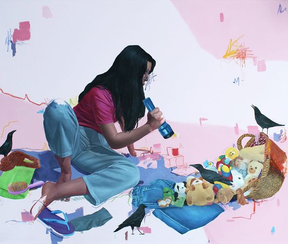 Rahma Lhoussig - we may forever chase,2022 - Mixed media on canvas - 80x100 cm