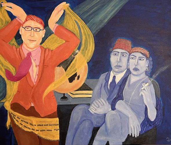 Massoud Hayoun - The chair of the Near Eastern Studies Department performs the Dance of the Seven Veils to a captive audience, 2023 - Acrylic on canvas - 50x61 cm