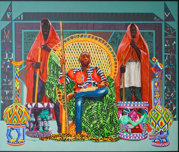 Dieudonne Djiela Kamkang - The futur king, Djiela Kamgang Dieudonne, acrylique et sérigraphie sur toile, 210x250 cm, 2023