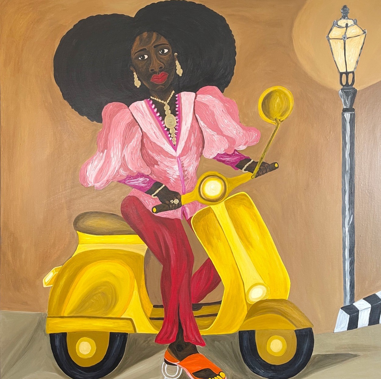 Sophia Oshodin Riding Towards Happiness III, 2022 Acrylic, gouache and silk flowers on canvas 100x100 cm