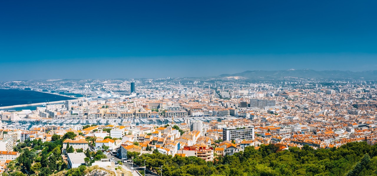 Panorama, Aerial View, Cityscape Of Marseille, France. Sunny Sum