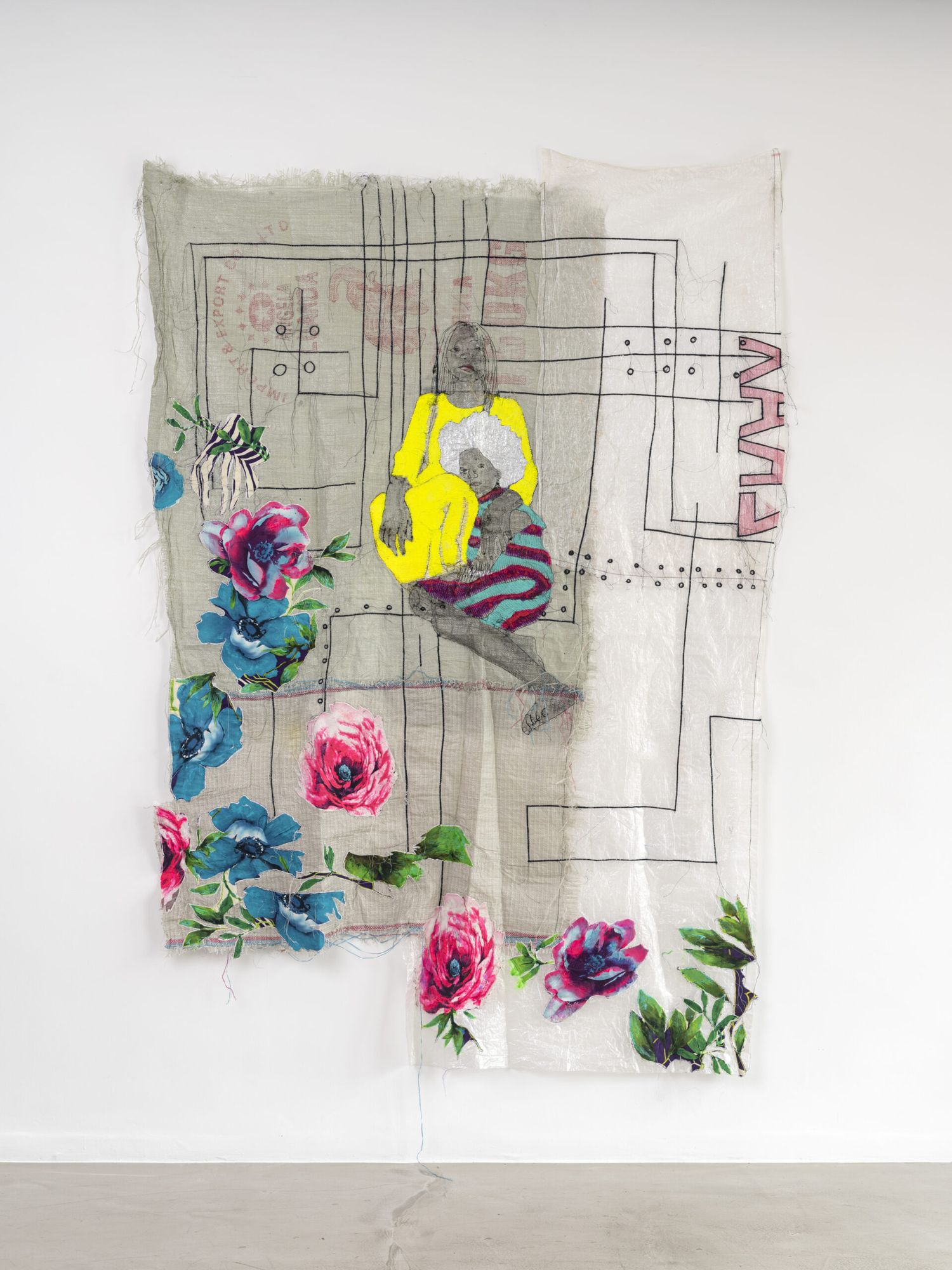 Ana Silva - Je n'ai pas besoin de fleurs 004, 2022 - Sac en plastique tissÃÂ©, dentelle, broderie - 219 x 148 cm