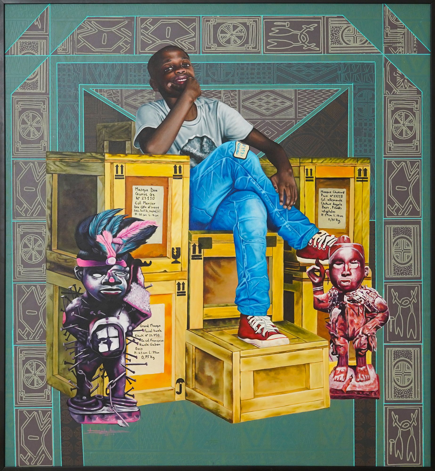Dieudonne Djiela - MfÃÂ´ Mikissi, 2023 - Acrylique, sÃÂ©rigraphie et Posca sur toile - 150x139 cm