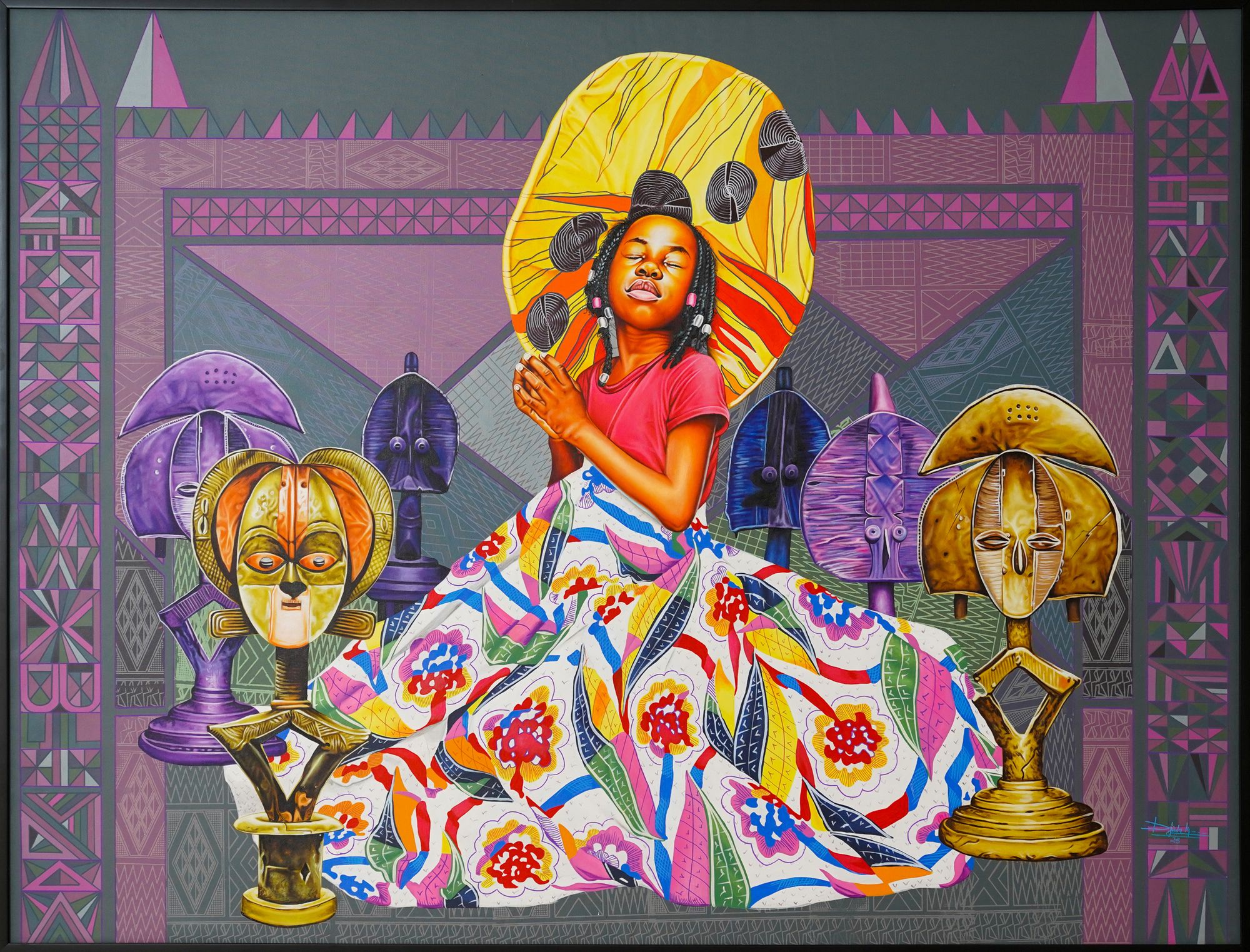 Dieudonne Djiela - Kota Guardian, 2023 - Acrylique, sÃÂ©rigraphie et Posca sur toile - 160x200 cm