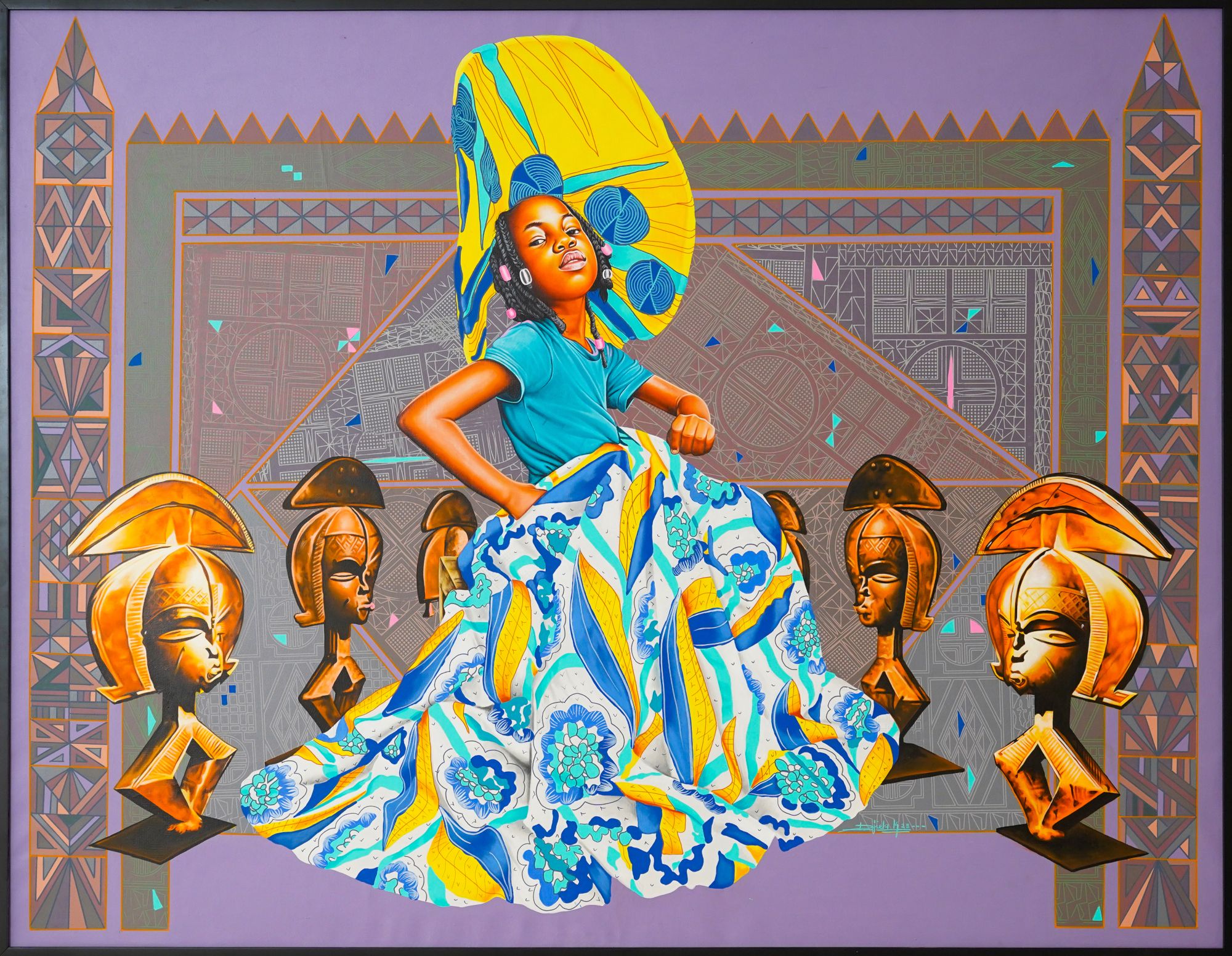Dieudonne Djiela - The New Kota Guardian, 2023 - Acrylique, sÃÂ©rigraphie et Posca sur toile - 150x200 cm