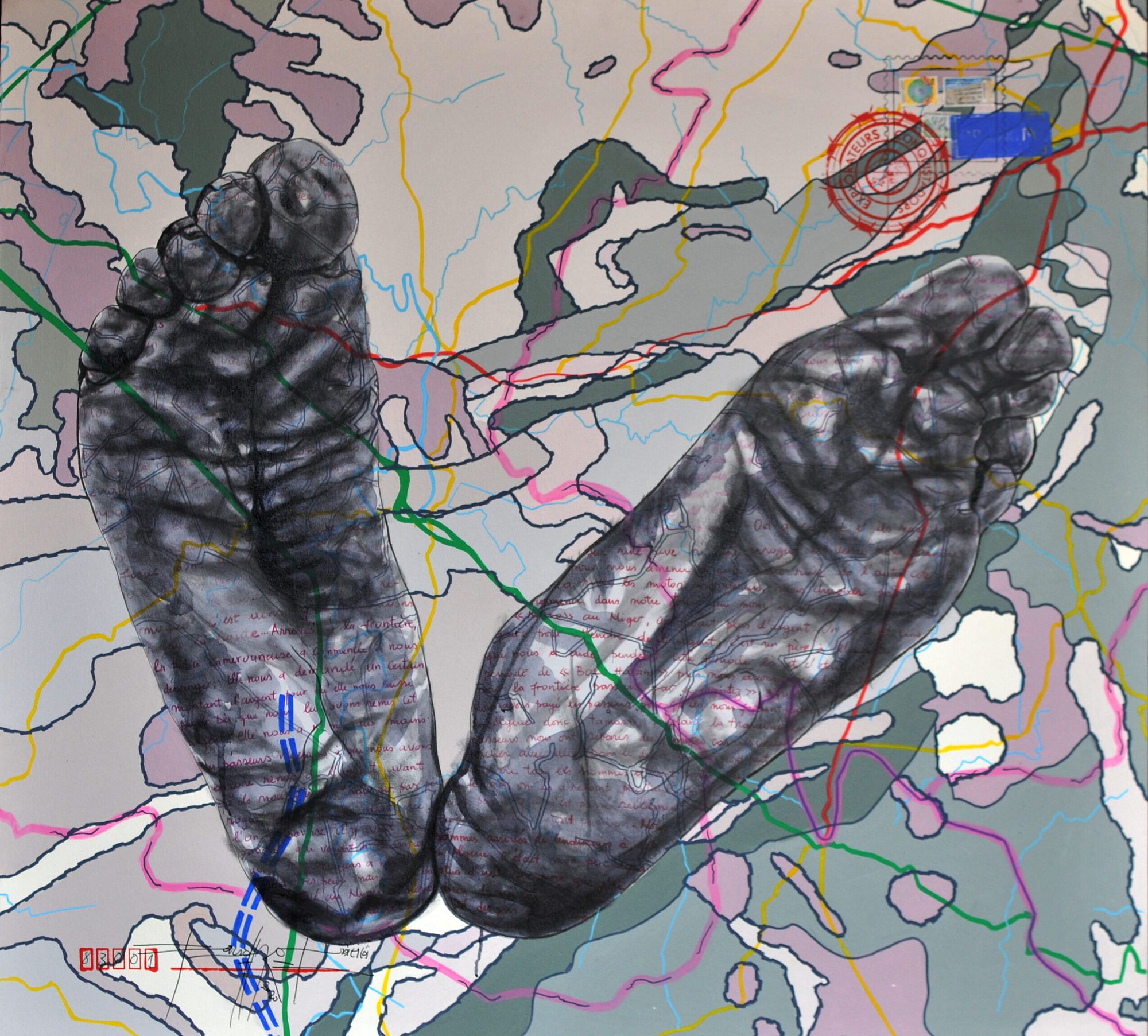 Jean David Nkot - BP 4437, Story of my feet, Acrylique, posca et encre chine sur toile, 120 x 110 Cm, 2021