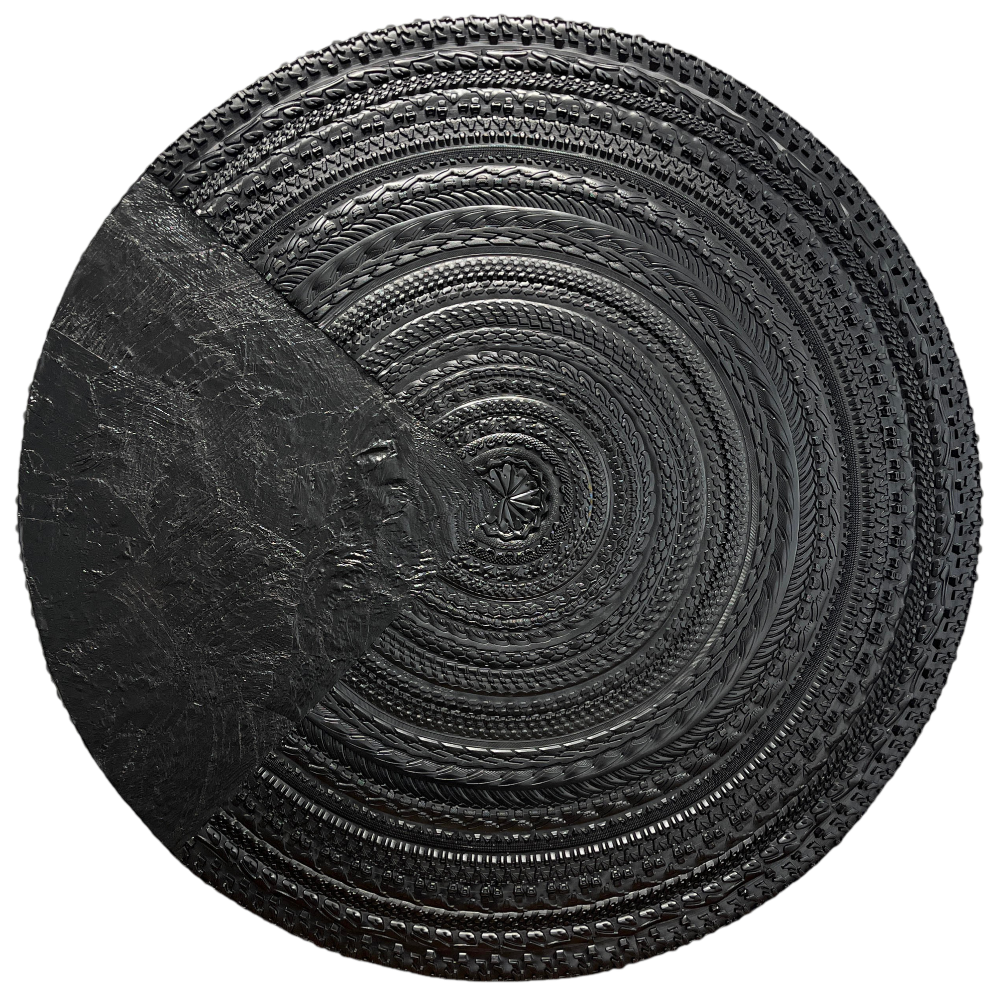 Noureddine RejRaji Ã¢ÂÂ Sans Titre, 2024 Ã¢ÂÂ pneu et caoutchouc sur panneau - 110x110cm