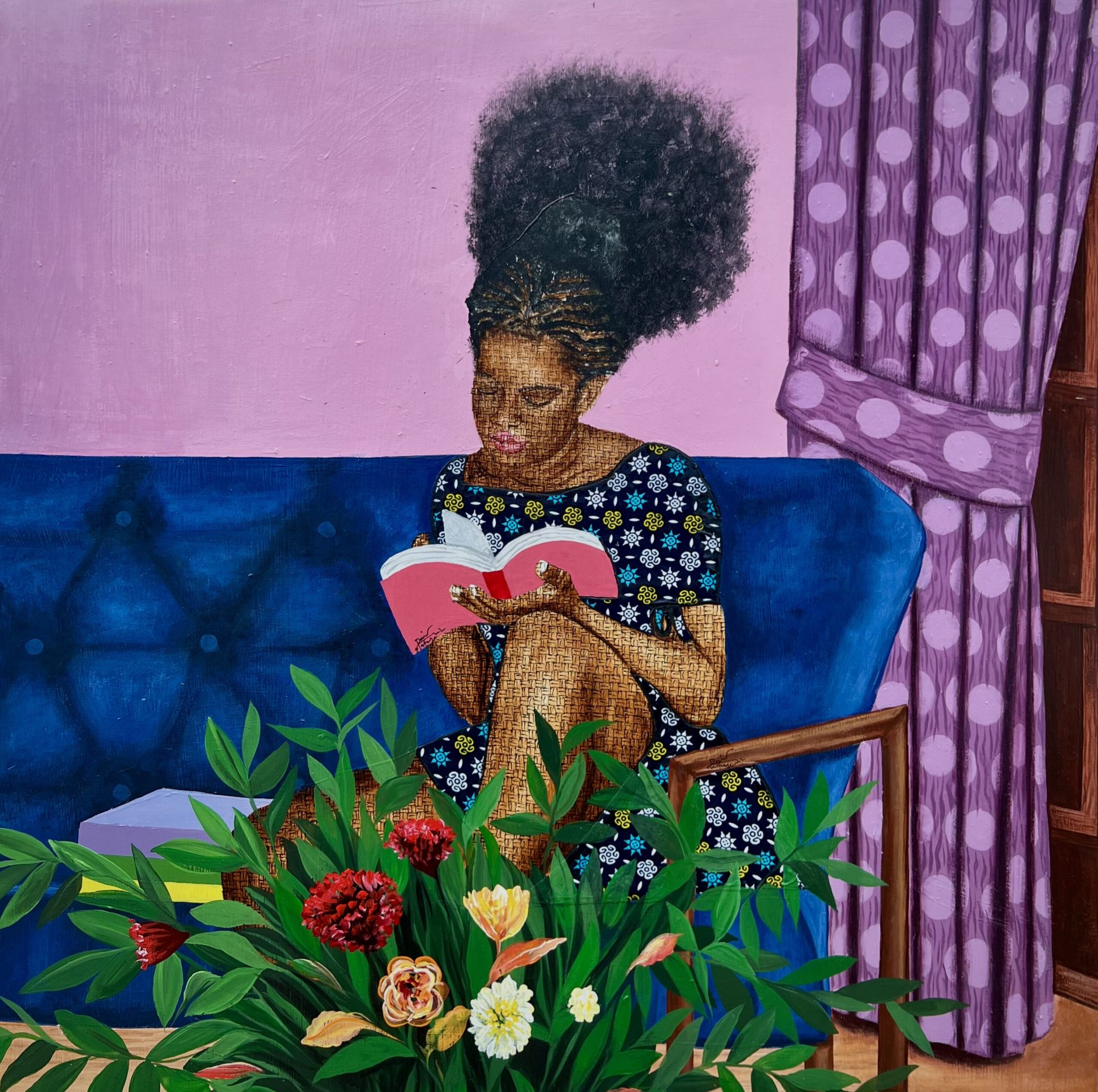 David Olatoye - Feyikemi - Pen, fabric and acrylic on canvas - 91x91 cm