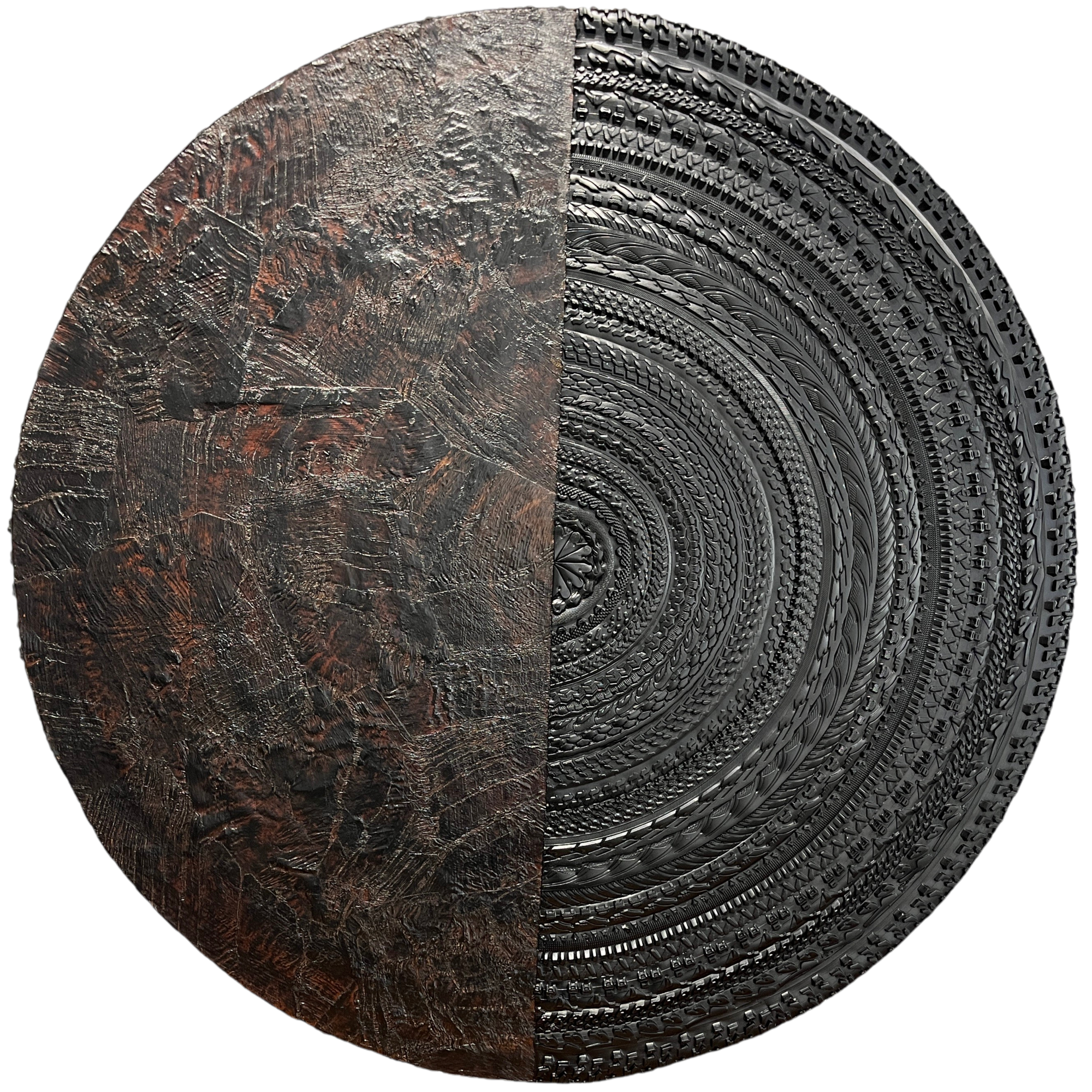 Noureddine RejRaji Ã¢ÂÂ Sans Titre, 2024 Ã¢ÂÂ pneu et caoutchouc sur panneau - 110x110cm