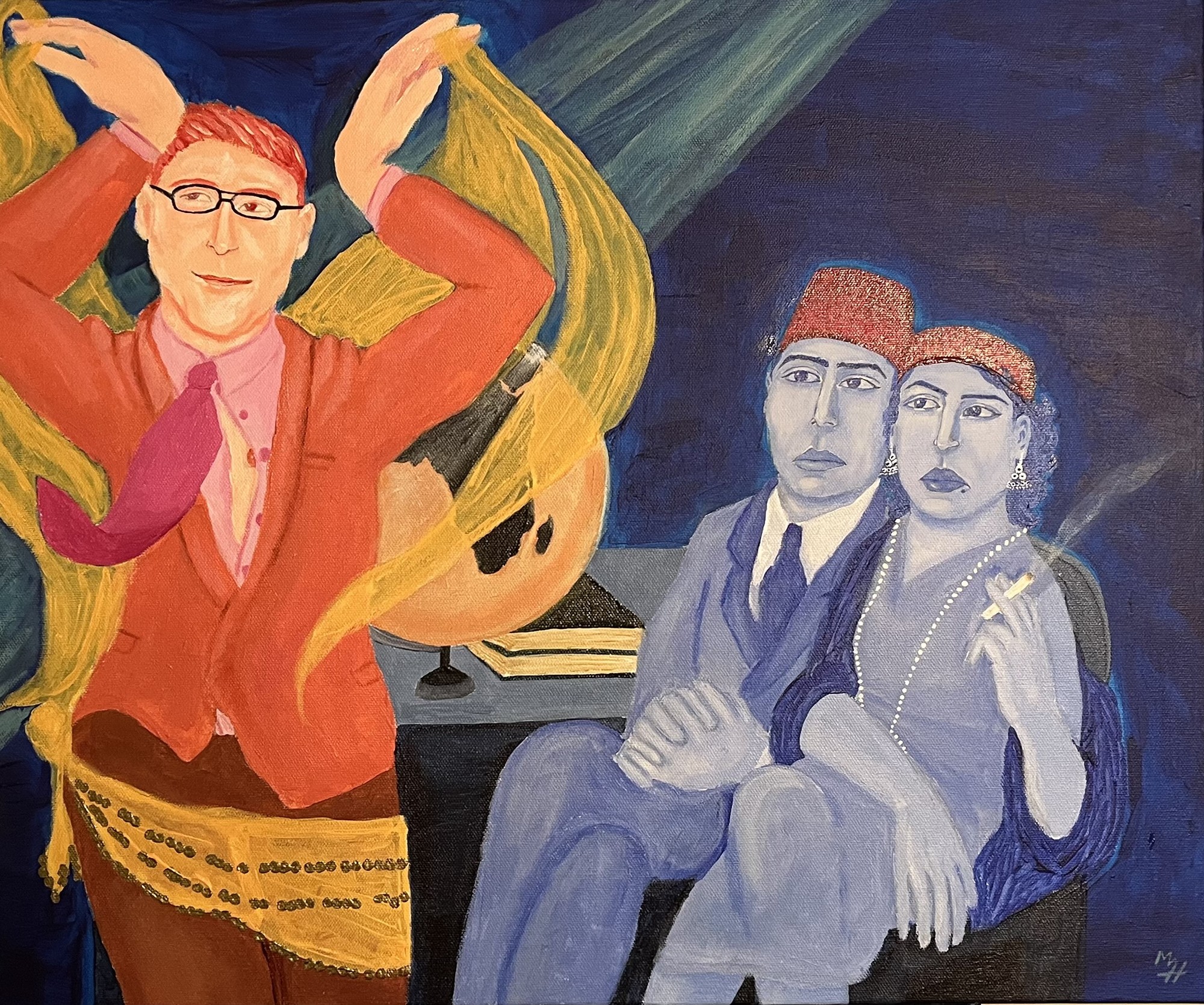 Massoud Hayoun - The chair of the Near Eastern Studies Department performs the Dance of the Seven Veils to a captive audience, 2023 - Acrylic on canvas - 50x61 cm
