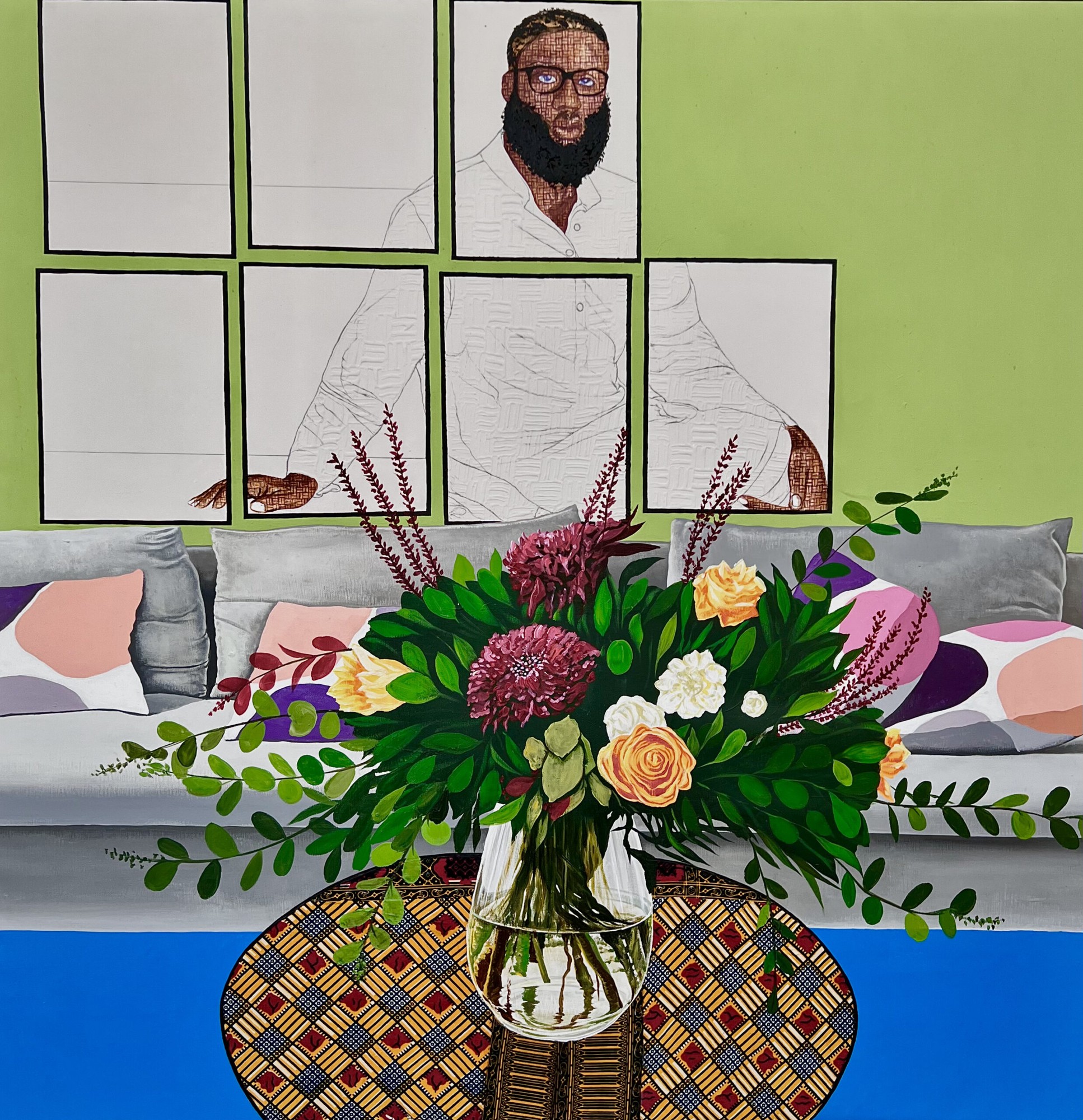 David Olatoye - In my Father’s house II, 2022 - Pen and acrylic on canvas - 122 x 122 cm
