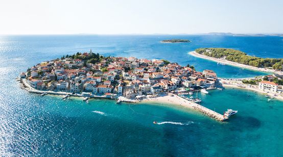 Aerial beautiful shot of Primosten, Town in Croatia