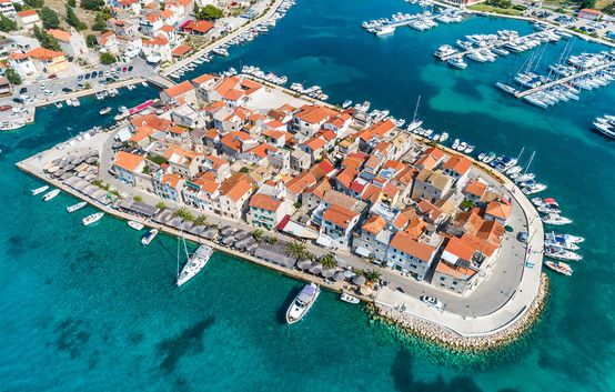 Beautiful old city of Tribunj, aerial view of the town center at daylight. Croatia