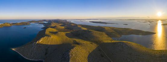 Aerial view of Kornati island archipelago at sunrise. Kornati National Park, Croatia