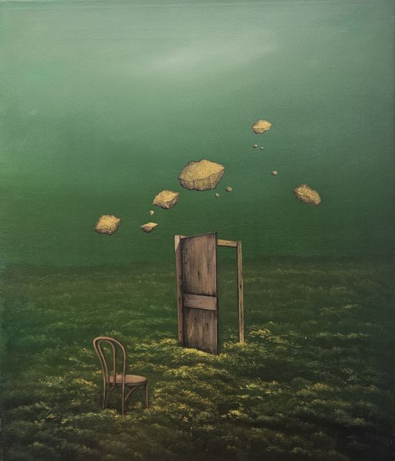 Houda Terjuman - Run run to golden lands 65x70cm 2022 Oil and acrylic on canvas