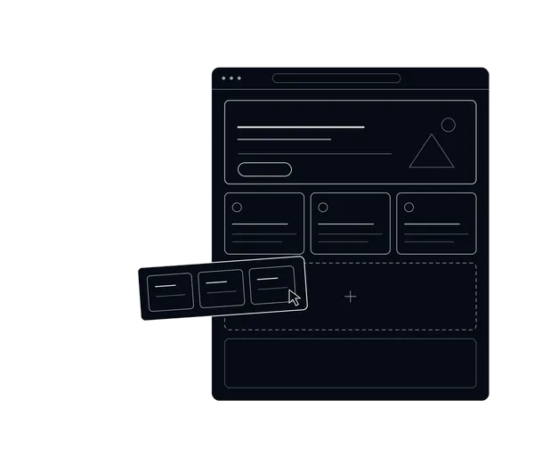 Une page WordPress composée de blocs : un bloc tarifs est glissé depuis la bibliothèque vers un emplacement libre