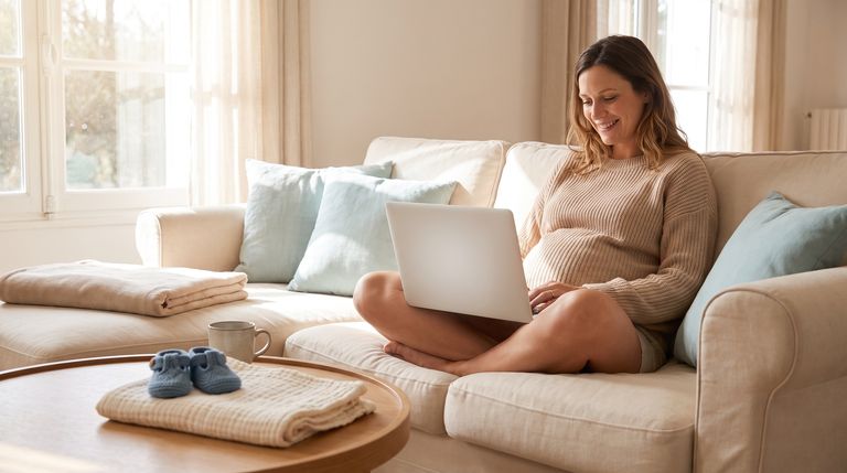 Femme enceinte créant sa cagnotte de naissance sur son ordinateur portable dans son salon