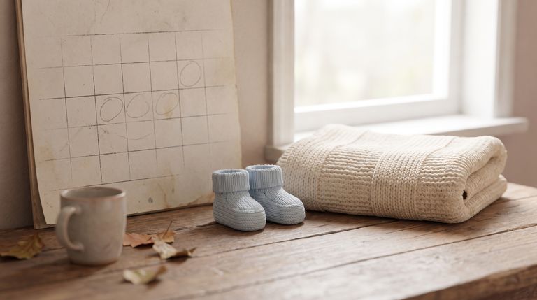 Calendrier avec chaussons de bébé et plaid, symbole du délai pour participer à une cagnotte de naissance