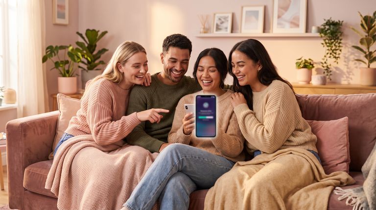 Groupe d'amis regardant ensemble une cagnotte de naissance sur un smartphone
