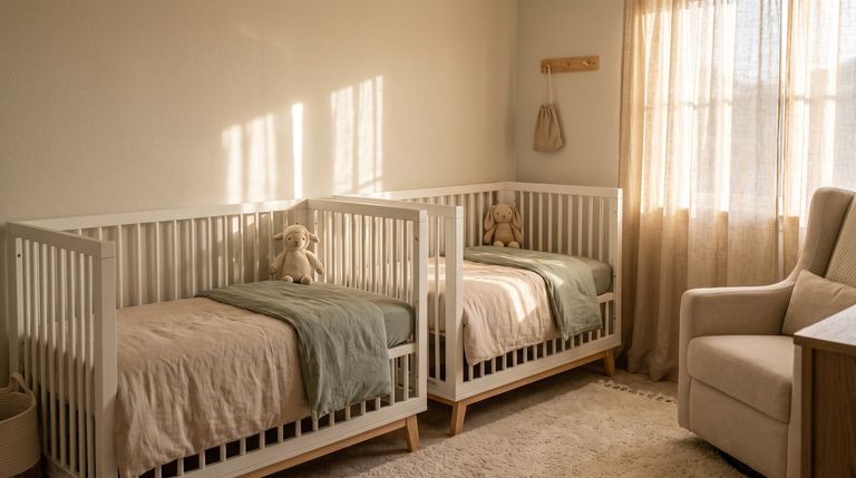 Chambre de bébé préparée pour des jumeaux avec deux berceaux jumeaux