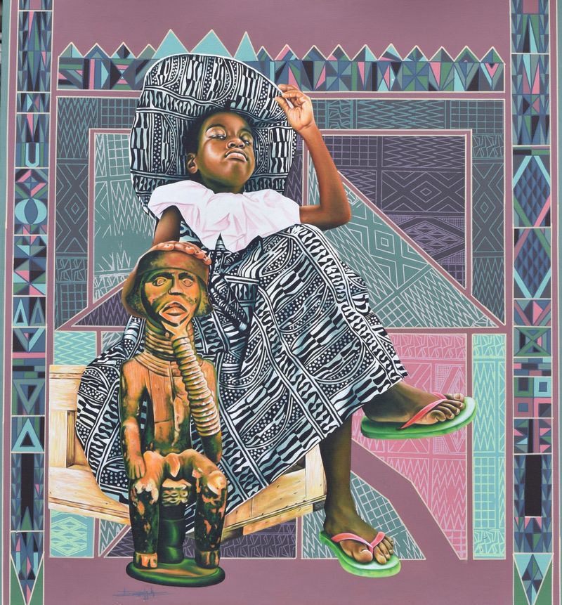 Dieudonne Djiela Kamkang - Bangwa child, 2022 - Acrylic and posca on canvas - 120x110 cm
