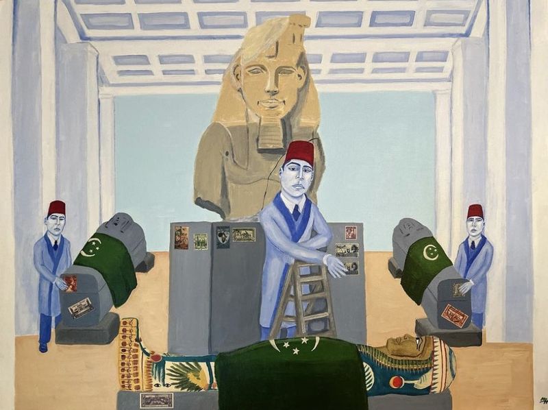 Massoud Hayoun - My grandfather visits the Egyptian Room at the British Museum, 2023 - Acrylic on canvas - 91x101 cm