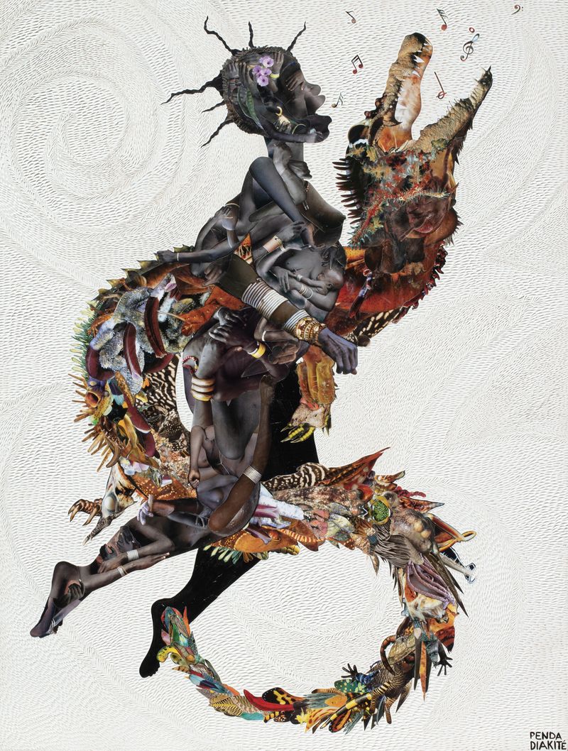 Penda Diakite - Sasulon Bamba, 2023 - Collage, acrylic, hand engraved rubber sealed on wood panel - 122x91cm