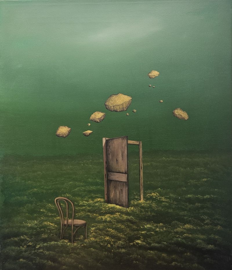 Houda Terjuman - Run run to golden lands 65x70cm 2022 Oil and acrylic on canvas