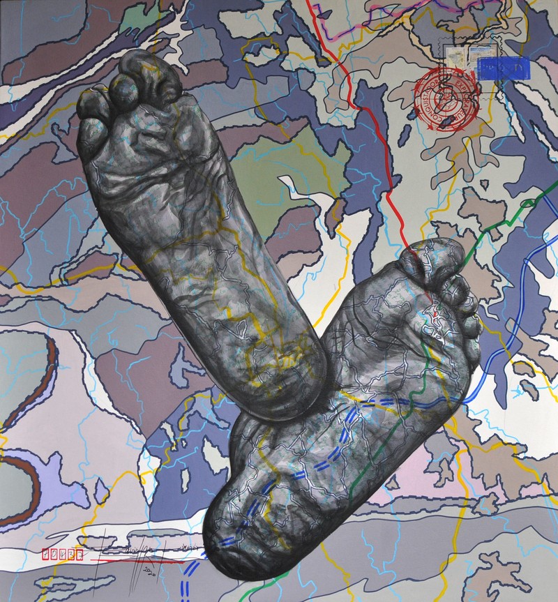 Jean David Nkot - Po Box, Story of my feet, Acrylique, posca et encre chine sur toile, 120 x 110 Cm, 2021