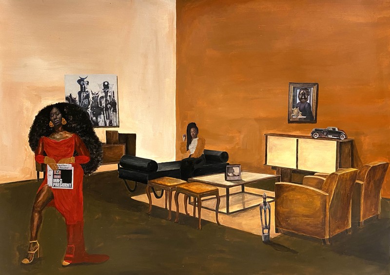 Cinthia Sifa Mulanga - Masculine Traits I, 2021 - Mixed media of acrylic paint, charcoal, acrylic ink and collage on Fabriano paper - 50 x 70 cm - Courtesy African Arty