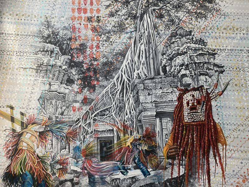 Franck Kemkeng Noah - Rituel d'Angkor Vat, 2022 - Acrylique sur toile - 160x200 cm