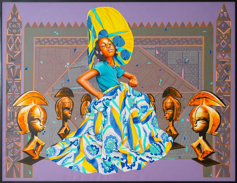 Dieudonne Djiela - The New Kota Guardian, 2023 - Acrylique, sÃÂ©rigraphie et Posca sur toile - 150x200 cm