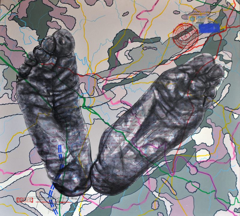 Jean David Nkot - BP 4437, Story of my feet, Acrylique, posca et encre chine sur toile, 120 x 110 Cm, 2021