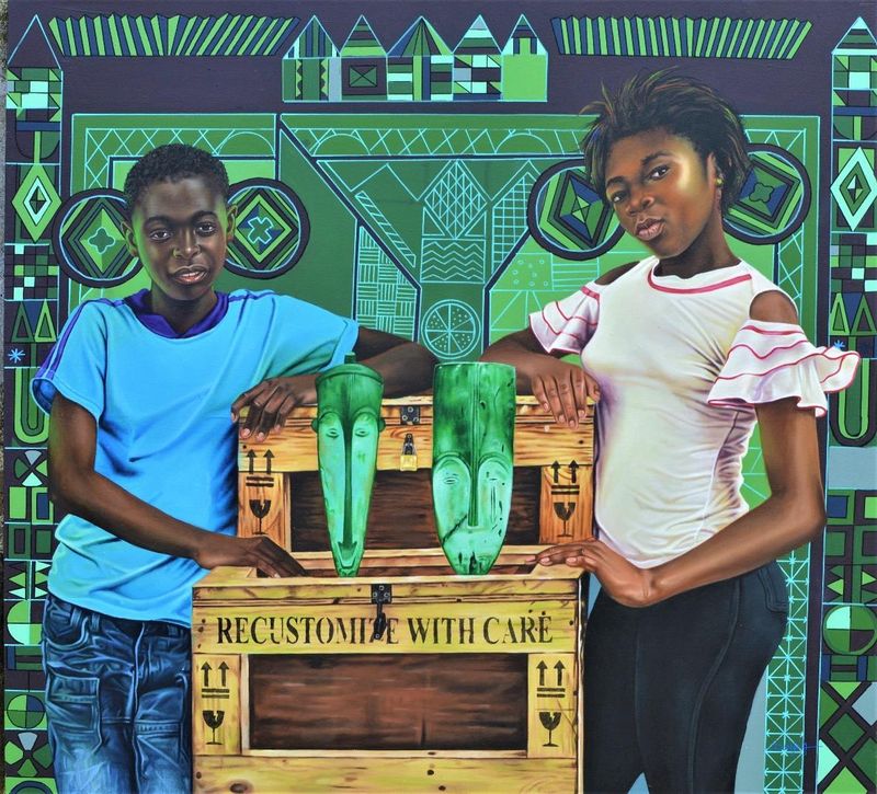 Dieudonne DJIELA KAMGANG, Fang children, Acrylique sur toile, 130x120cm,