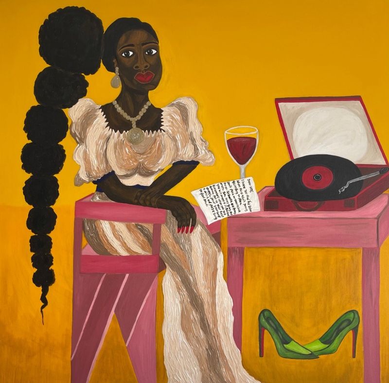 Sophia Oshodin Feeling Good III, 2022 Acrylic, gouache and silk flowers on canvas 91x91 cm