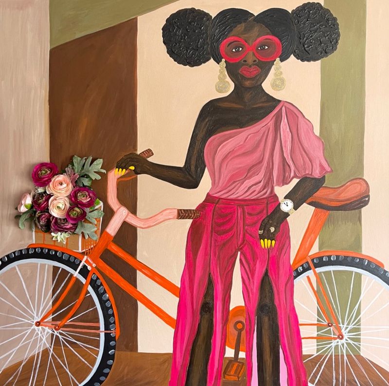 Sophia Oshodin - Good Times lll, 2022 - Acrylic, gouache and silk flowers on canvas - 91.4 x 91.4 cm