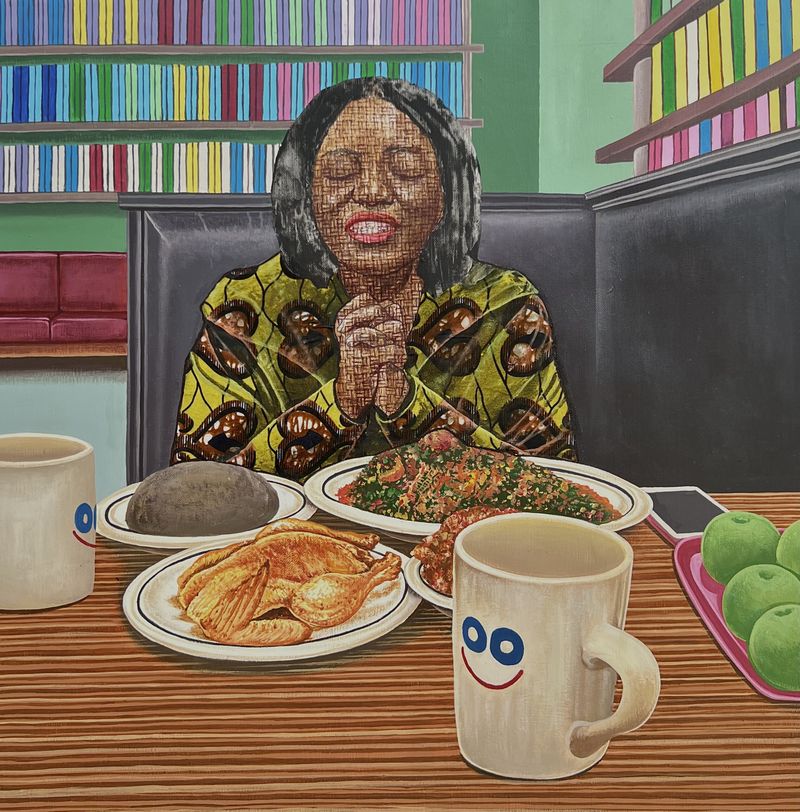 David Olatoye - Bless this food oh Lord, 2022 - Pen and acrylic on canvas - 61x61 cm